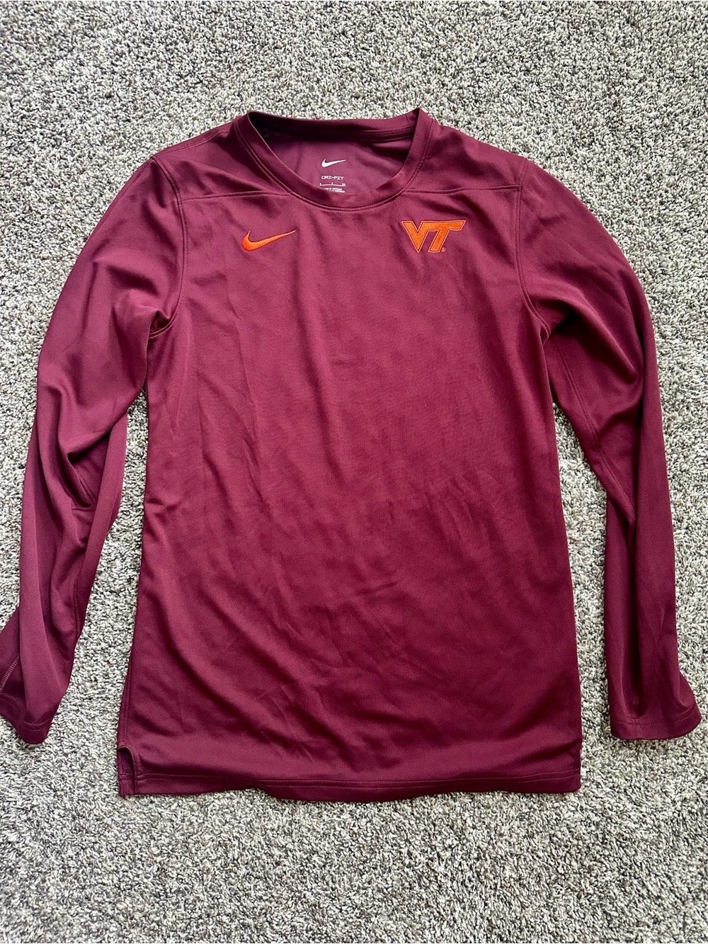Nike Maroon Long-Sleeve Dri-FIT Shirt with Orange VT Logo